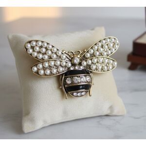 Pink Linen Bumblebee Brooch NIB Large Gold Tone Rhinestone Pearls Enamel